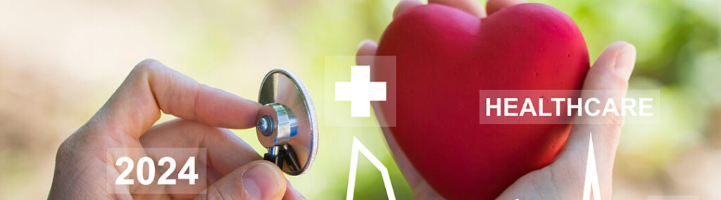 A person holding a stethoscope titled '2024' in their left hand and a heart titled 'HEALTHCARE' in their right hand.