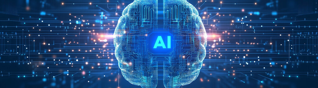 A graphic of a virtual brain with the word 'AI' within it, along with a technological elements on the sides