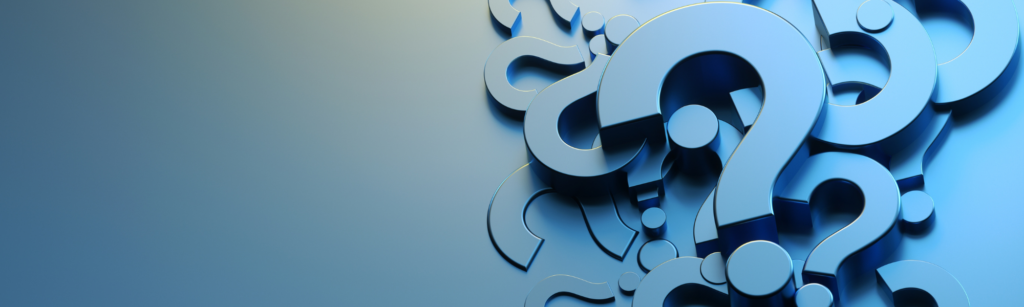 A blue graphic with a pile of question marks.