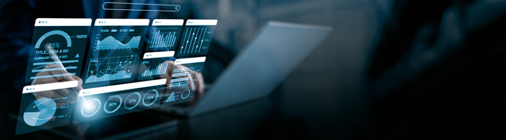 A graphic of a man using a computer and a tablet analyzing business data