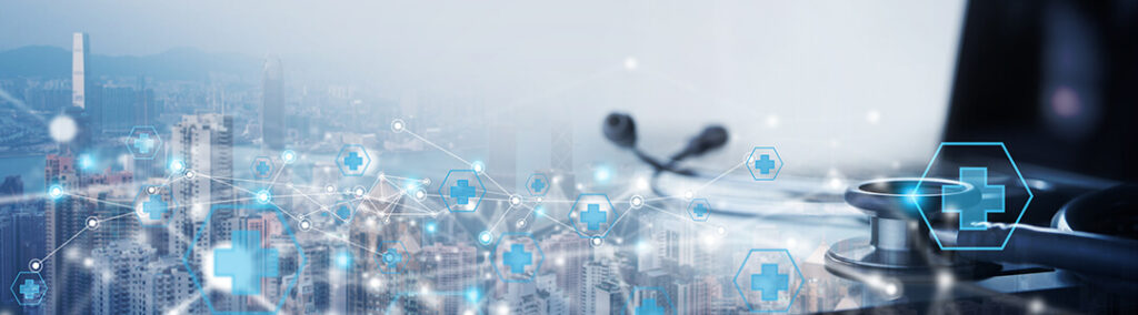 A graphic of a stethoscope and a cityscape, with medical graphics in between