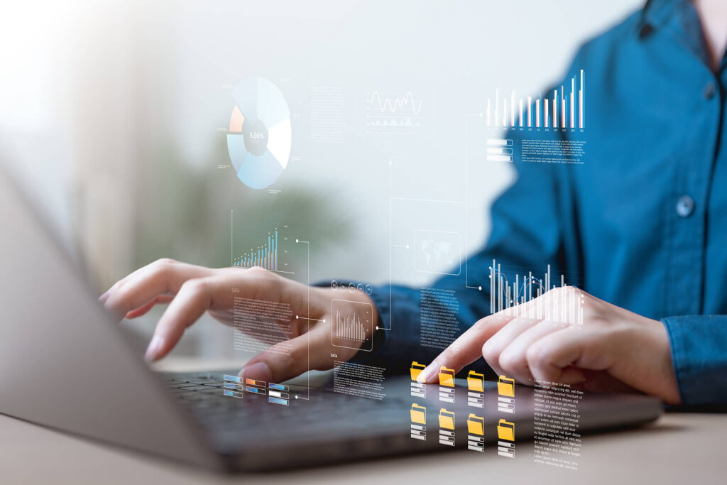 man on computer with holders from a managed payer gateway and computer stats floating in front