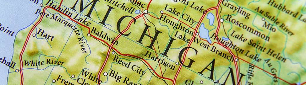 A close-up map of Michigan.