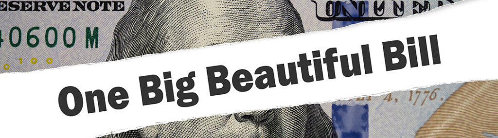 A one hundred dollar bill focused in the middle, along with a tear going diagonally with the text 'One Big Beautiful Bill'
