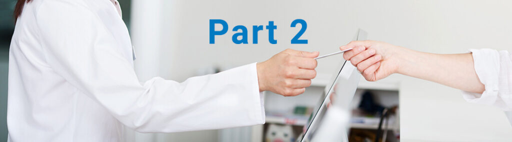 A person in front of a monitor receiving/giving a card to another person with the text 'Part 2'
