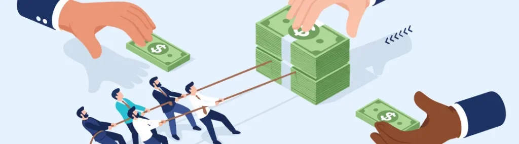 Illustration of 3 hands gathering money into a pile, along with 5 small man pulling a rope that is attached to the money.